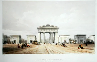 Euston Groven aseman sisäänkäynti, John Brittonin teoksesta "Drawings of the London and Birmingham Railway", julkaistu 1838 (värilitho)