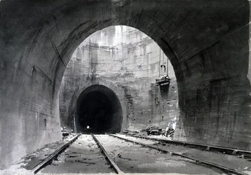 Suuri tuuletuskuilu, Kilsby Tunnel, Northamptonshire, 1837-38 (kynä ja muste ja pesu paperille)