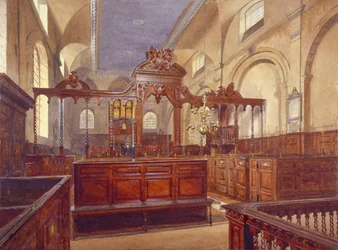Lontoon Cityssä sijaitsevan All Hallows the Greatin kirkon sisustus, 1884.