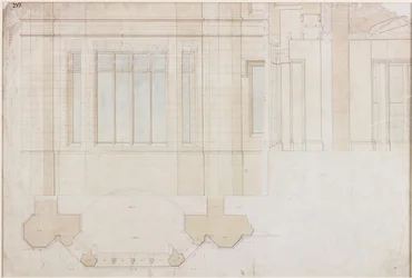 Design for Window at Holme Eden (kynä ja muste ja pesu (sininen ja ruskea) paperille (paperille))