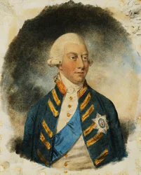 Kuningas Yrjö III:n muotokuva, pieni puolipitkä, yllään Windsorin univormu ja nauha ja sukkanauhan tähti, 1787