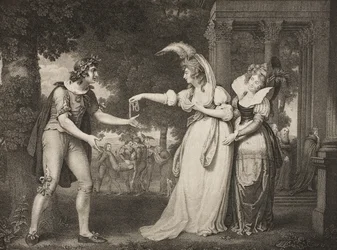 Nurmikko ennen herttuan palatsia, näytös I, kohtaus II, näytelmästä "Kuten haluatte", The Boydell Shakespeare Gallery, julkaistu 1800-luvun lopulla.