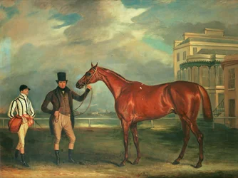 Kenraali Chasse, kastanjakilpahevonen, jota hänen kouluttajansa pitelee, ja hänen jockeynsa J. Holmes seisomassa Aintreen kilparadalla, 1835