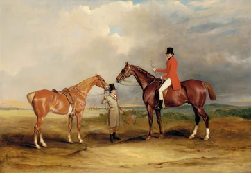 John Drummondin muotokuva metsästäjän ja sulhanen kanssa, joka pitelee toista hevostaan, maisemassa, metsästysseurueen takana, 1831