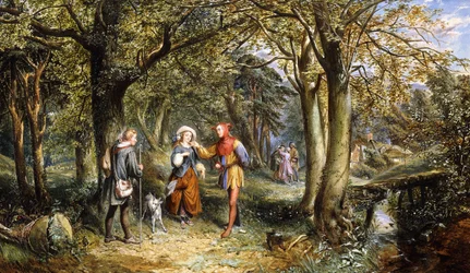 Kohtaus elokuvasta "As You Like It": Rosalind, Celia ja Jacques elokuvassa The Forest of Arden, 1864