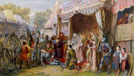Lancelot taistelee Sir Madoria vastaan puolustaakseen Guineveren kunniaa kuningas Arthurin, Guineveren ja kuninkaan hovin edessä.