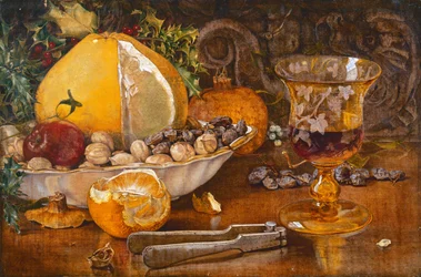 Hedelmien, pähkinöiden ja viinilasin asetelma, 1864