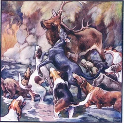 Tapahtui valtava taistelu, koko lauma on hänen päällänsä (väri litho)