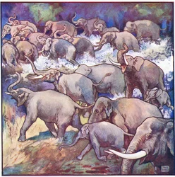 Tuli lauma uljaasti, heittäen suihketta mutaisesta vedestä (väri litho)