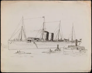 PAH1225; Höyryalus rannikon lähellä, hinaajan ollessa vieressä. Matkustajalaiva hinaajan kanssa ja melahöyrylaiva Tilbury lähellä (piirros).