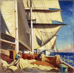 Purjeiden korjaus Brickdale-aluksella matkalla Bristolista Sabine Passiin, Texasiin (Yhdysvallat, Yhdysvallat) huhti-kesäkuussa 1920.