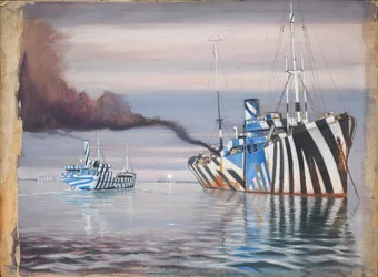 S.S. Lepanto ja toinen höyryalus, molemmat häikäisevästi maalattu, ankkuroituna tyynessä vedessä.