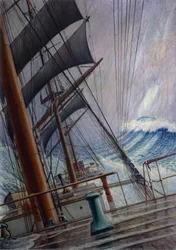 Kohtaus Wiscombe Parkin sillalla, johon myrsky on nojannut. Öljy paperille, noin 1921, tekijä Herbert Barnard John Everett (1876-1949).