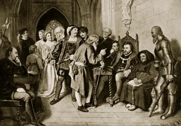 Jaakko IV neuvonpidossa ennen Floddenin taistelua, 1513, kuvitus teoksesta "Hutchinson