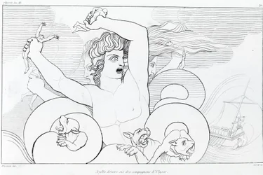 Kharybdis ja Skylla -jakso: kuusi Odysseuksen toveria joutuu niellyiksi. John Flaxmanin (1755-1826) piirros. Homeroksen Odysseia. 12. laulu.