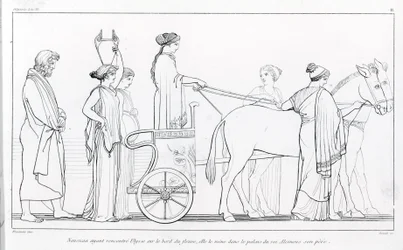 Nausikaa, joka on juuri tavannut Odysseuksen, vie hänet takaisin isänsä, kuningas Alkinooksen, palatsiin. John Flaxmanin (1755 - 1826) piirros. Homeroksen Odysseia. Laulu VI.