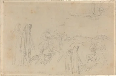 Luonnoksia hupullinen hahmo (Virgil ja Beatrice?)