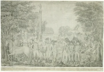 Britit luovuttavat aseensa kenraali Washingtonille tappion jälkeen Yorktownissa Virginiassa lokakuussa 1781, 1810-1815