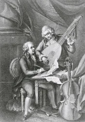 Muotokuva Franz Joseph Haydnista (1732-1809) ja Wolfgang Amadeus Mozartista (1756-91) säveltämässä musiikkia luuttulle, kaivertaja Michele Benedetti (1745-1810).