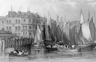 Billingsgate, kuvitus teoksessa "History of London: Illustrated by views of London and Westminster" (Lontoon ja Westminsterin historia, kuvittanut John Woods), julkaistu 1838.