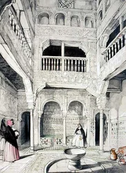 Sisäänkäynti kylpylään, kirjasta "Alhambran luonnokset ja piirustukset", kaiverrus James Duffield Harding (1798-1863)