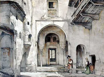 Moskeijan sisäänkäynti, "Alhambran luonnokset ja piirustukset", kaivertanut William Gauci (fl.1825-54)