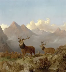 Yksityiskohta hirvieläimistä ja takista ylämaan maisemassa, 1864