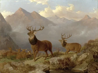 Hirvit ja takat ylämaan maisemassa, 1864