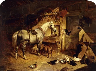 Tallin sisätila, jossa on valjastettu papurikko hevonen sekä ankkoja, vuohia ja kukko ruokintakaukalon äärellä, 1843