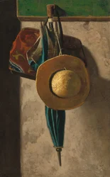 Olkihattu, laukku ja sateenvarjo, 1890 1900-luvun alku.