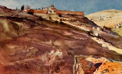 Jerusalem. - Temppelialueen etelämuuri, Hinnomin laaksosta auringonlaskun aikaan, 1902.