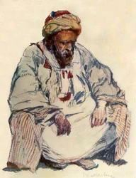 Istuva Syyrianpaimenkoira lampaantakissa, 1902.