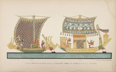 Veneitä värillisillä purjeilla, Thebassa sijaitsevasta Remeses III:n haudasta, kuvitus teoksesta "Muinaisten egyptiläisten tavat ja tavat...", 1837-41