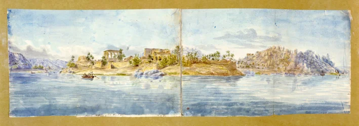 Philaen saari. John Gardner Wilkinsonin (1797-1875) brittiläinen matkailija ja arkeologi, "brittiläisen egyptologian isä", akvarelli. Muinaisegyptiläinen temppelikompleksi Niilin varrella lähellä Assuania".