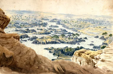 Niili toisen kataraktin kohdalla. John Gardner Wilkinsonin (1797-1875) brittiläinen matkailija ja arkeologi, "brittiläisen egyptologian isä", akvarelli.