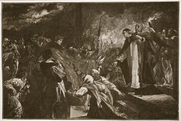 Kardinaali Wolsey Leicester Abbeyssa, kuvitus teoksesta "The Church of England: A History for the People", kirjoittanut H.D.M. Spence-Jones, pubi. n. 1910 (seepiavalokuva)