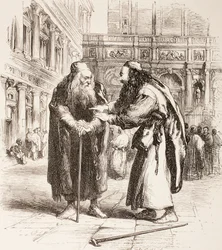 Kuvitus Venetsian kauppiaalle, Shylock ja Tubal kohtaavat kadulla, näytös III, kohtaus I, julkaisusta The Illustrated Library Shakespeare, julkaistu Lontoossa 1890