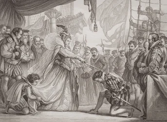 Kuningatar Elisabeth I (1530-1603) tekee ritariksi Francis Draken (1540-96) Englannin ja Skotlannin historian kuvituksista I osasta