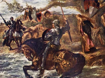 Sir Lancelot, kuvitus A. R. Hope Moncrieffin teoksesta "Romance and Legend of Chivalry" (värilitho)