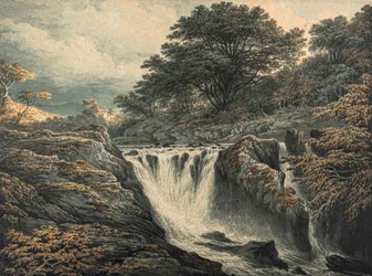 Vesiputous illalla (akvarelli)