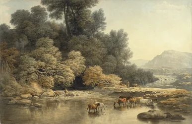 Mäkinen maisema, joki ja karjaa, n. 1810