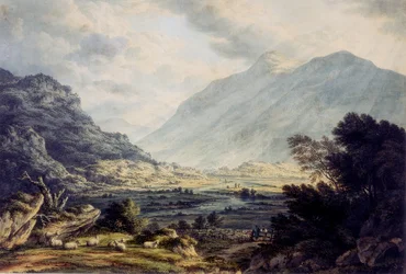 Lähellä Capel Curigia, josta on näkymät Mount Snowdonille, Walesissa, noin 1793-1830 (akvarelli)