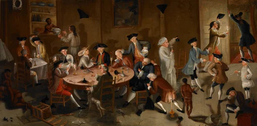 Merikapteenit juhlimassa Surinamissa, n.1752-58 (öljy sängyn tikille).