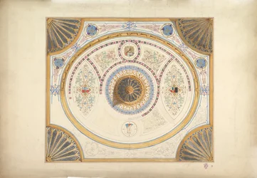 Suunnittelu kattoon kahdella muotokuvalla ja tuuletintuilla kulmissa, 1800-luku.