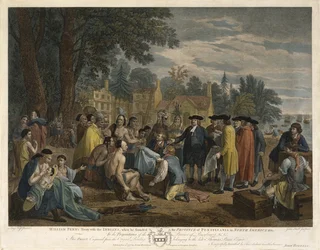 William Penns -sopimus intiaanien kanssa, 1775 (kaiverrus ja etsaus vesiväreillä levitetylle paperille)