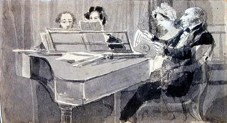 Musiikki-ilta (akvarelli ja guassi paperille)