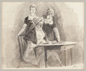 Kolme pöydässä, yksi istuu, 1807 (lyijykynä ja pesu paperille)