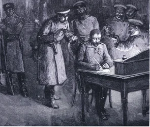 Prinssi Alexander allekirjoittamassa kruunustaan 1886, kuva Hutchinsonin kansakuntien historiasta VOL 4 c.1920-luku