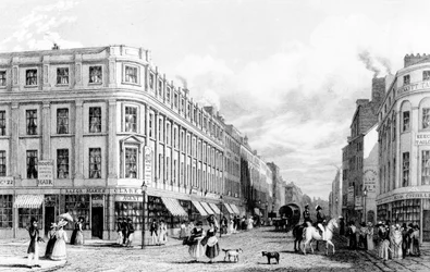Market Street torilta, Manchester, kaiverrettu Frederick James Havellin toimesta, 1829.
