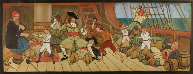 Kadonneet pojat taistelussa merirosvoja vastaan ja Peter viimeisessä kaksintaistelussa kapteeni Koukun kanssa, kuvitus teoksesta "Peter Pan", n. 1906